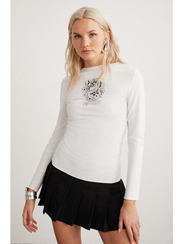 ETHIQUET ZOWI Kadın Baskı Detaylı Slim Fit Dar Kalıp Uzun Kollu Bisiklet Yaka BEYAZ T-Shirt