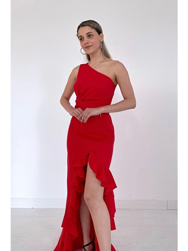 Jane's Kırmızı Yırtmaçlı Volanlı Elbise