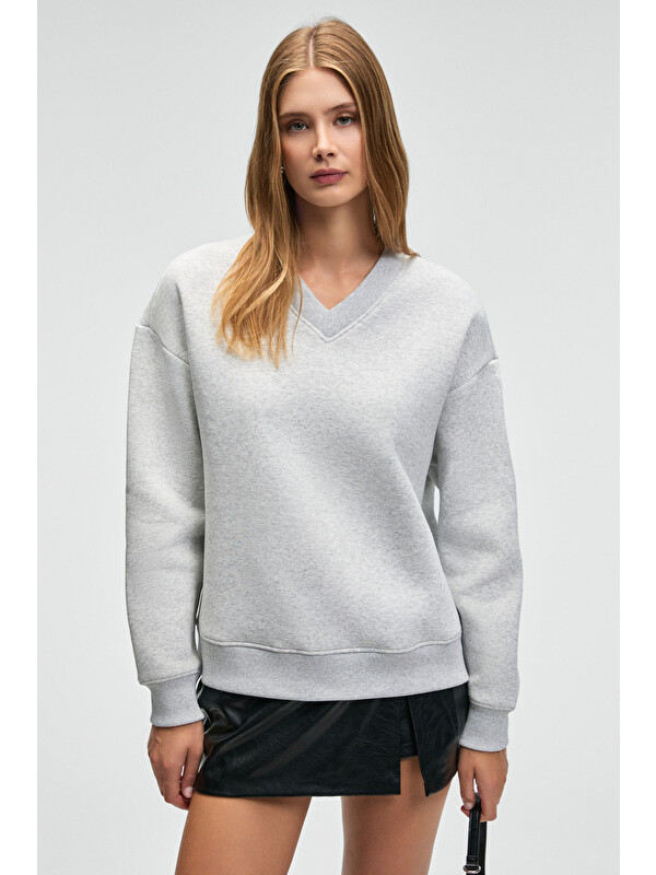GRIMELANGE ARINEL Kadın V Yaka Regular Fit GRİ MELANJ Sweatshirt