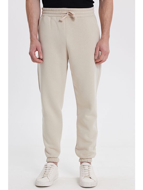 TUDORS Unisex Relax Fit Rahat Kesim Şardonlu 3 Cepli Lastikli Jogger Paça Krem Eşofman Altı