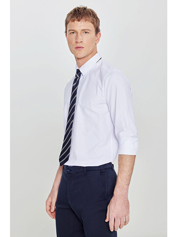 Altınyıldız Classics Erkek Beyaz Pamuklu Slim Fit Dar Kesim Gant Yaka Poplin Gömlek