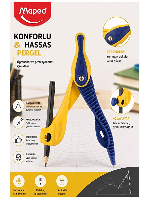 Maped Sarı Plastik Pergel Kurşun Kalemli 1 Adet Kidz 191611 Pergel Matematik Geometri Mimari Proje T