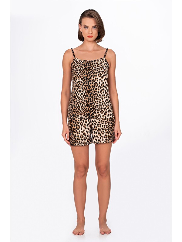 Kompedan Kadın Koyu Leopar Desenli İp Askılı Şortlu Pijama Takımı