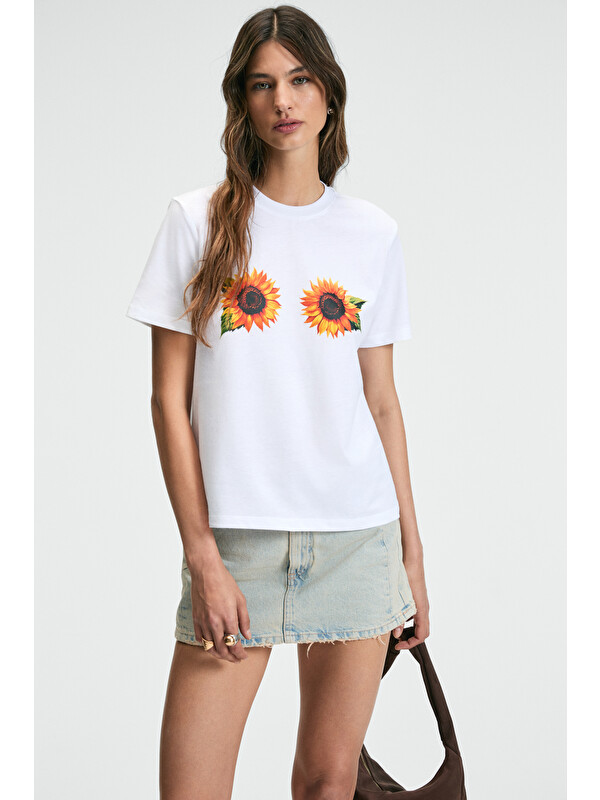 ETHIQUET KARIVA Kadın Bisiklet Yaka Kısa Kollu Ön Baskı Detaylı Regular Fit BEYAZ T-Shirt