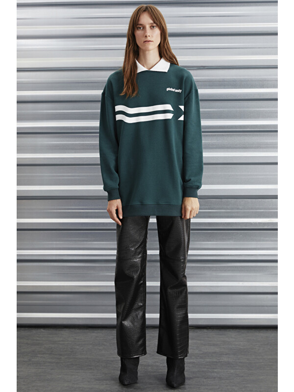 GRIMELANGE Arlene Kadın Içi Polarsız Polo Yaka Parça Baskı Detaylı YEŞİL Sweatshirt
