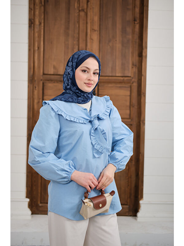 Locco Moda Kadın Yakası Fırfırlı Basic Gömlek Bebe Mavi
