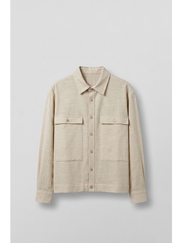 Abluka Online Erkek Boxy Fit Kontrast Dikişli Pamuklu Overshirt Gömlek Ekru