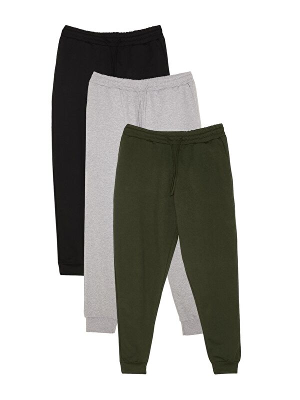 TUDORS Erkek 3'Lü Paket Siyah-Gri-Haki Regular Fit Beli Bağcıklı Jogger Cepli Lastikli Paça Eşofman Altı