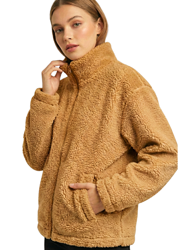 Genius Store Kadın Pelüş Tam Fermuarlı Cepli Sherpa Kuzu Kumaş Oversize Pelüş Polar Sweatshirt