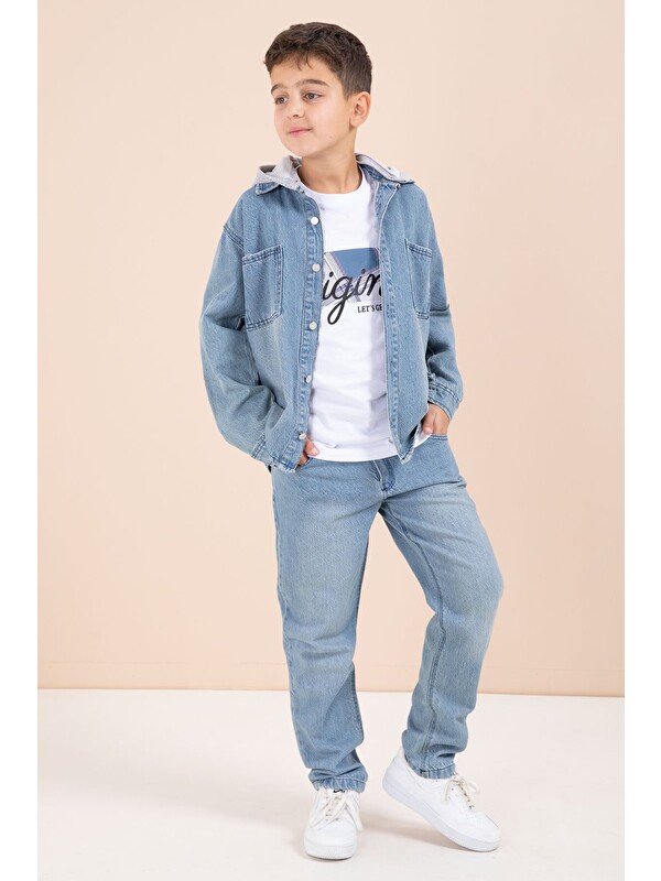 Cansın Mini Mavi Kapüşonlu Ceketli Pantolonlu Erkek Çocuk 3lü Jean Takım 23624