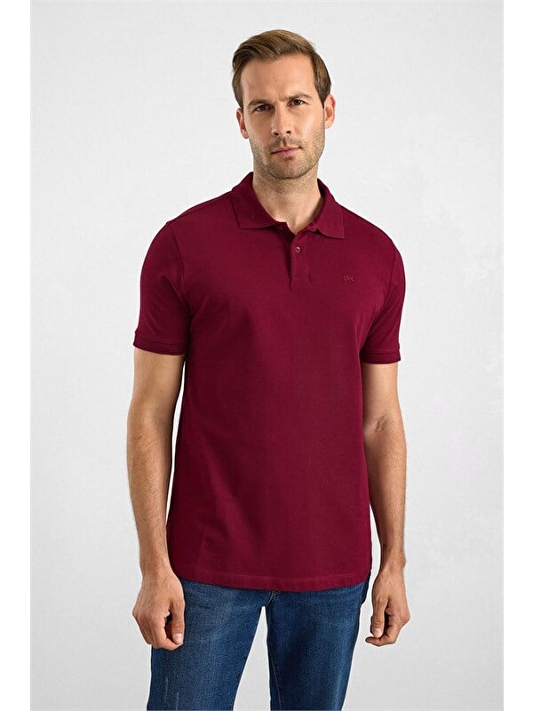 Süvari Koyu Bordo Slim Düz Nakışlı Pike Düğmeli Polo Yaka Tişört