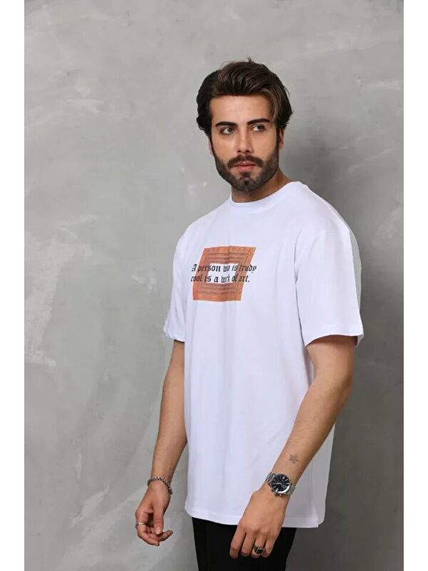 Jane's Unisex Bisiklet Yaka Baskılı Oversize T-Shirt - Beyaz