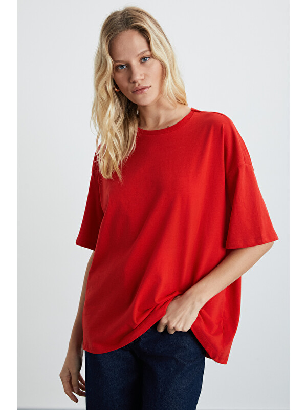 GRIMELANGE LAGERTHA Kadın %100 organik Pamuklu Kalın Dokulu Oversize Fit Yuvarlak Yakalı KIRMIZI T-Shirt