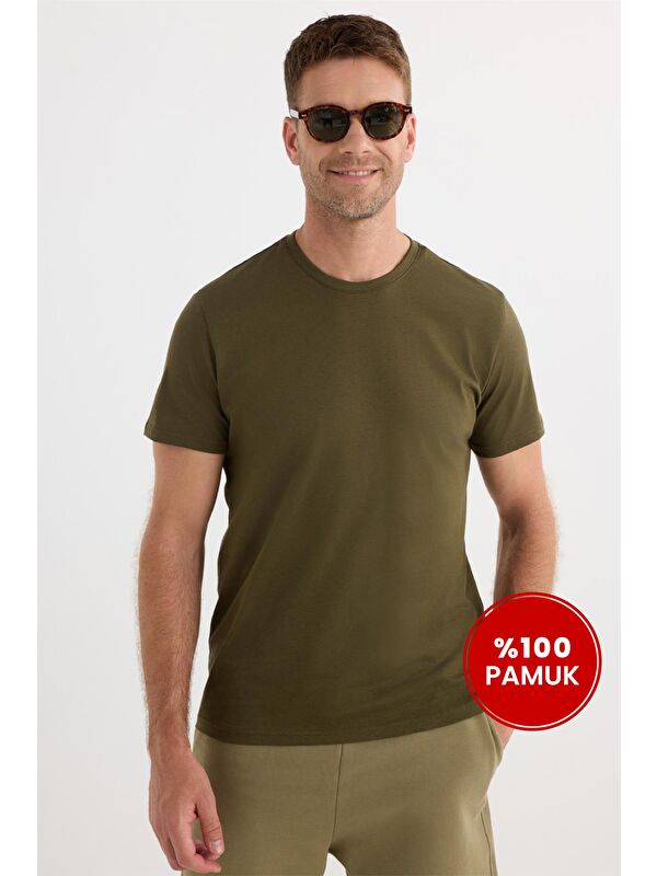 TUDORS Unisex Slim Fit Dar Kesim %100 Pamuk Yumuşak Dokulu Yeşil Bisiklet Yaka Tişört