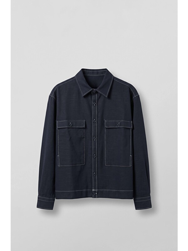 Abluka Online Erkek Boxy Fit Kontrast Dikişli Pamuklu Overshirt Gömlek Lacivert