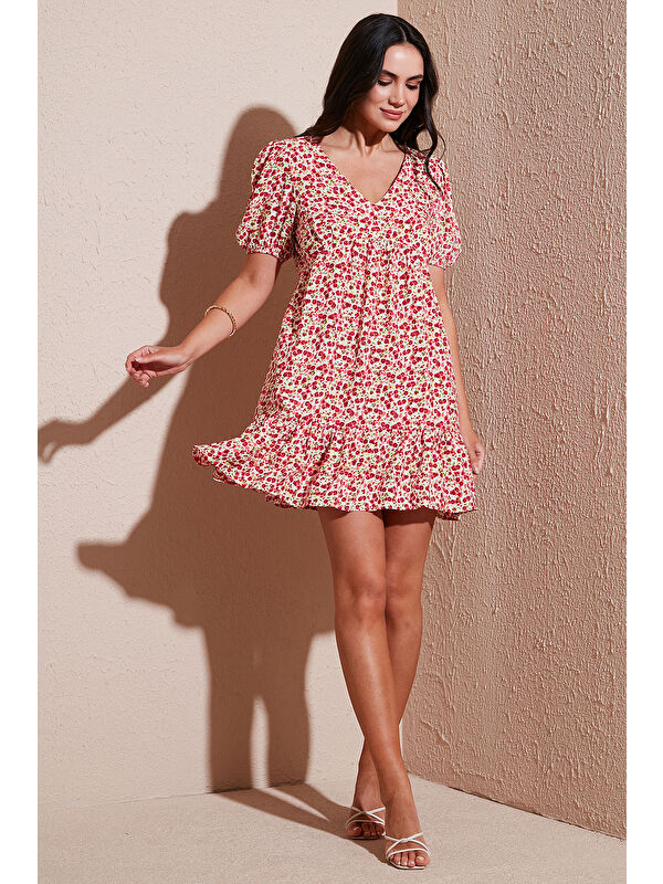 Lela Regular Fit V Yaka Balon Kol Desenli Mini Kadın Elbise 67810045