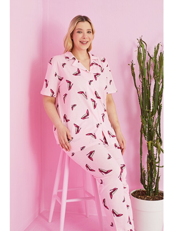 Siyah İnci Örme Curve Büyük Beden Battal Boy Düğmeli Pijama Takımı