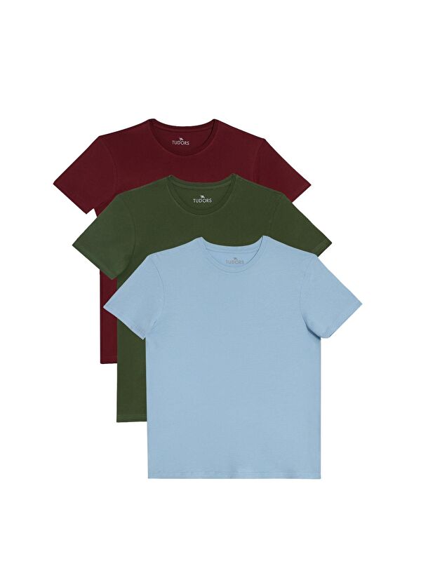 TUDORS Unisex 3'Lü Paket Yeşil-Bordo-Mavi Slim Fit Dar Kesim %100 Pamuk Bisiklet Yaka Tişört