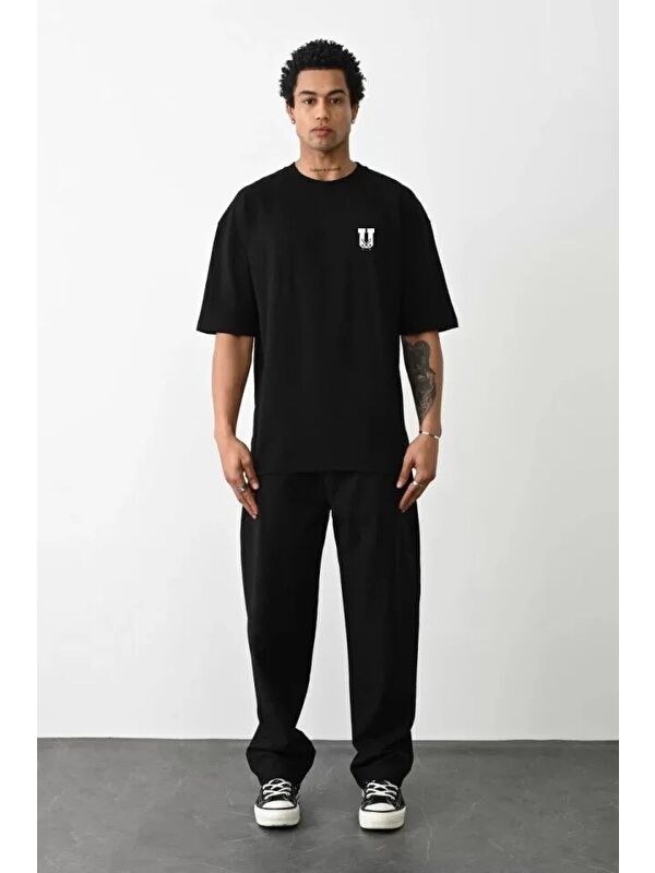 Jane's Unisex Bisiklet Yaka Baskılı Oversize T-Shirt - Siyah
