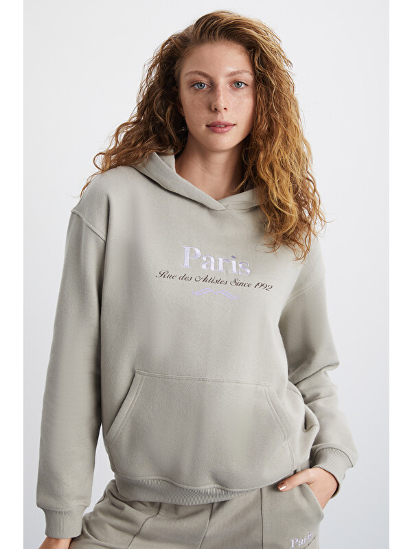 GRIMELANGE TAINA Kadın Nakış Detaylı Organik Pamuk Şehir Temalı Regular Kapüşonlu BEJ Sweatshirt