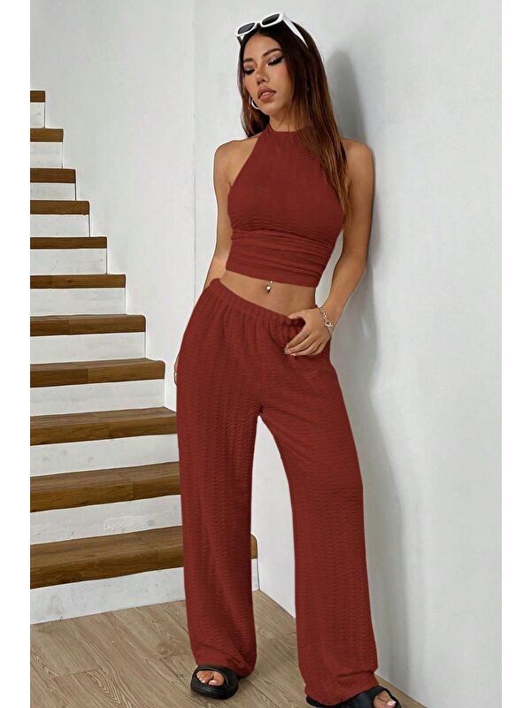 Trendseninle Acı Kahve Örme Kolsuz Sırtı Açık Bel Dar Bluz Pantolon Takım