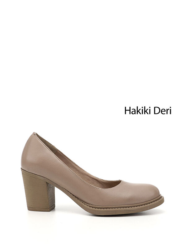 GÖNDERİ(R) Kadın BEJ-CAMEL Orta Kalın Topuklu Hakiki Deri Ayakkabı