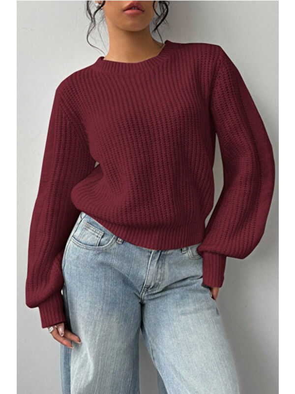 Tarz Cool Kadın Bordo Oversize Bisiklet Yaka Balon Kol Fitilli Triko Kazak