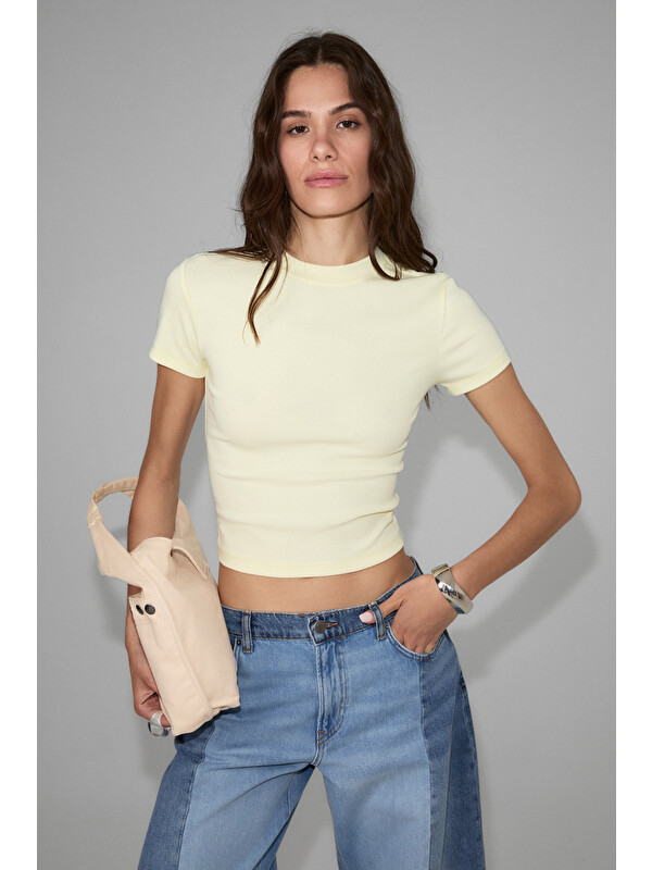 ETHIQUET ZOLEN Kadın Yumuşak Ve Esnek Kumaşlı Organik Pamuklu Kısa Kollu Crop SARI T-Shirt
