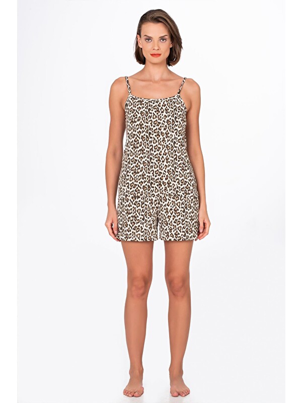 Kompedan Kadın Leopar Desenli İp Askılı Şortlu Pijama Takımı