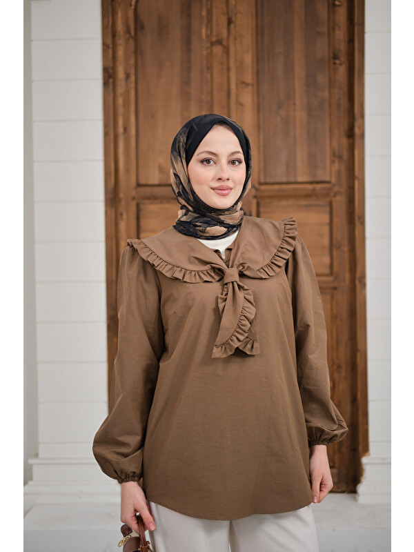 Locco Moda Kadın Yakası Fırfırlı Basic Gömlek Kahverengi