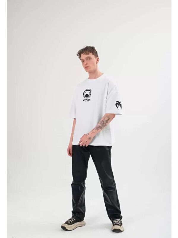 Jane's Unisex Bisiklet Yaka Baskılı Oversize T-Shirt - Beyaz
