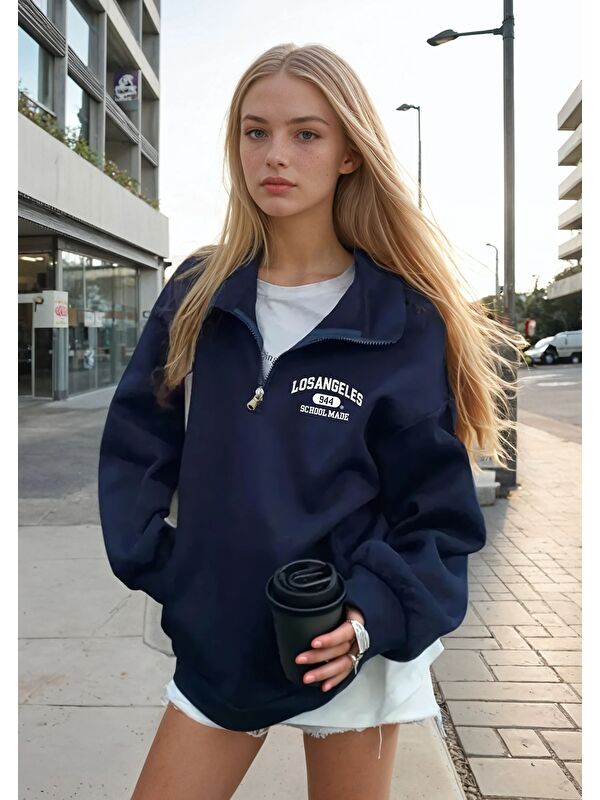 carla10 Fermuar Yaka Los Angeles Baskılı Üç İplik Sweatshirt