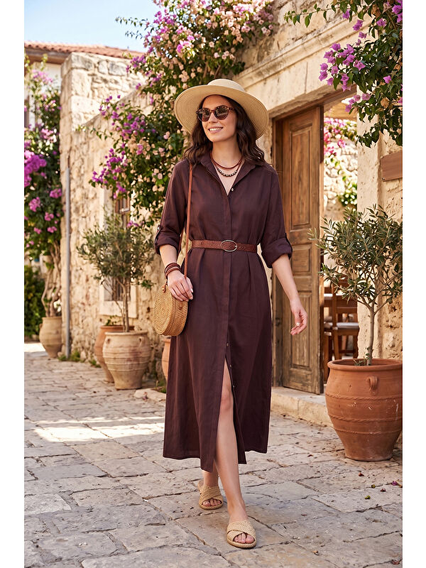 Lela Modal Maxi Kemer Detaylı Klasik Yaka Uzun Kollu Elbise 6833270