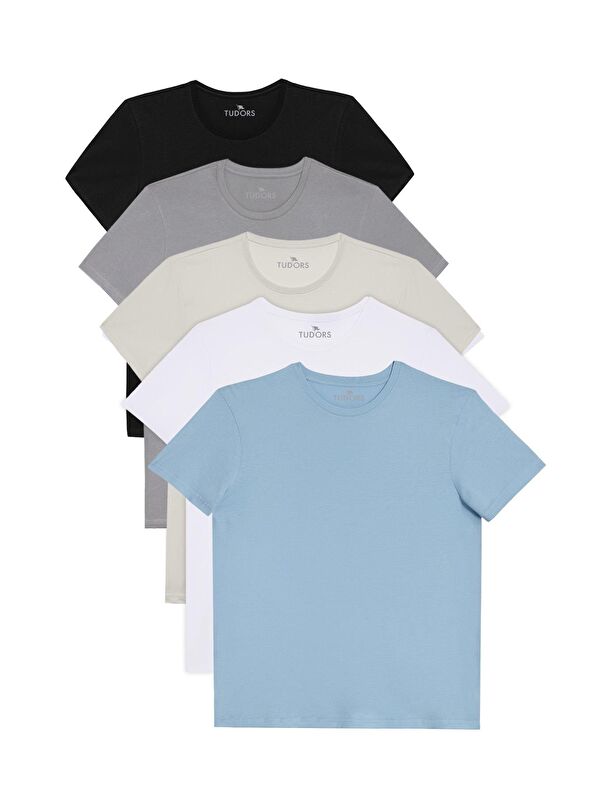 TUDORS Unisex 5'Li Paket Siyah-Beyaz-Taş-Mavi-Gri Slim Fit Dar Kesim %100 Pamuk Bisiklet Yaka Tişört