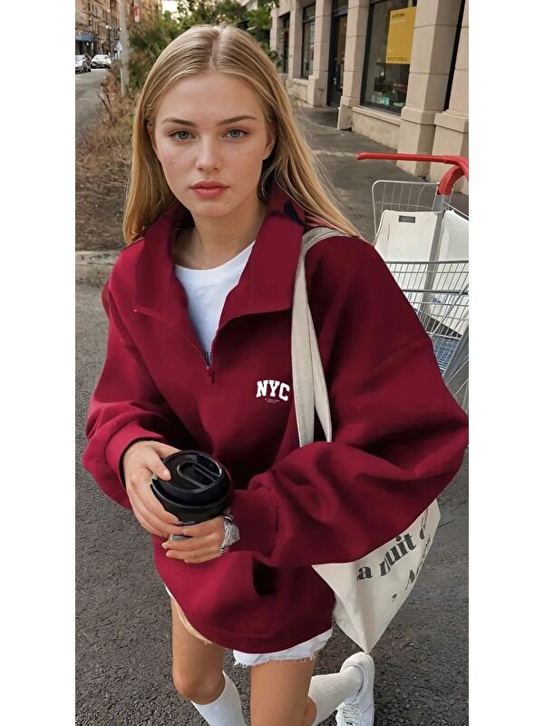 carla10 Bordo NYC Fermuarlı Üç İplik Oversize Sweatshirt