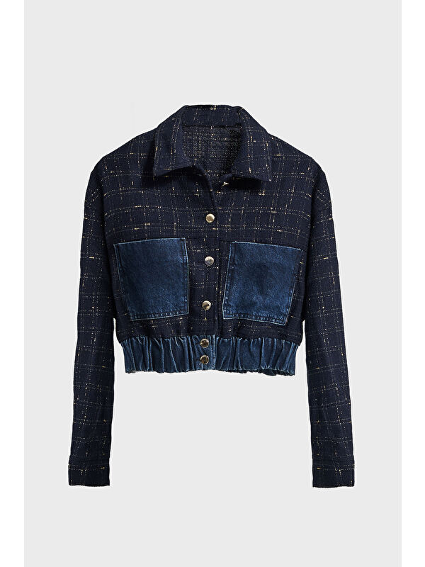 It's Basic Kadın Koyu Jean Rengi T 2w5-7 Dokuma Denim Kumaş Karışımlı Önü Düğmeli Özel Tasarım Bomber Ceket