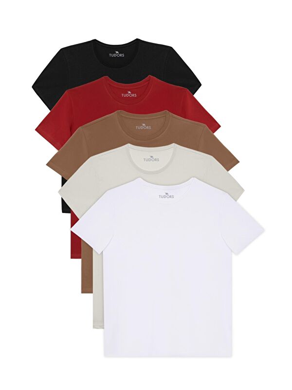 TUDORS Unisex 5Li Pkt Siyah-Beyaz-Taş-Kahvereng-Kiremit Slim Fit Dar Kesim %100 Pamuk Bisiklet Yaka Tişört