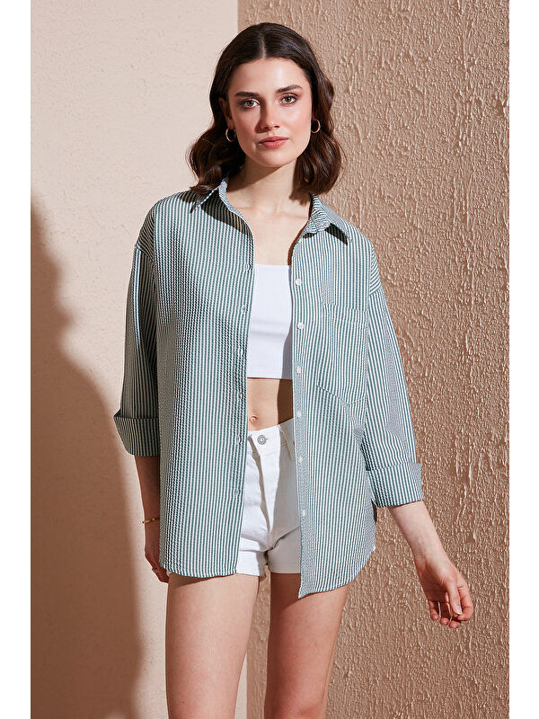 Lela Regular Fit Uzun Kollu Cepli Çizgili Kadın Gömlek 6772895