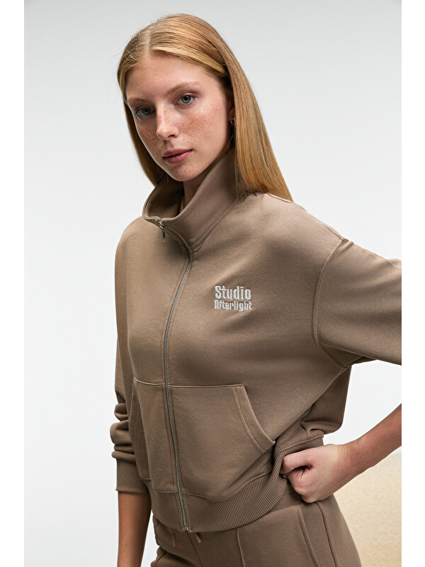 GRIMELANGE TORINA Kadın Nakış Detaylı Fermuarlı Çift Cepli Relax VİZON Sweatshirt