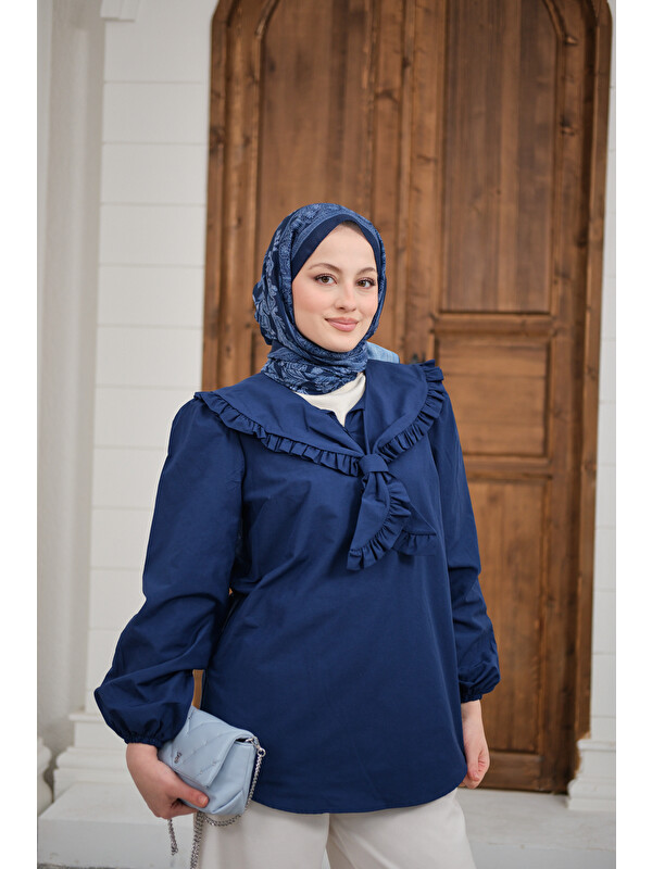 Locco Moda Kadın Yakası Fırfırlı Basic Gömlek Lacivert