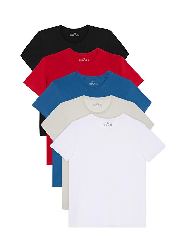 TUDORS Unisex 5'Li Paket Siyah-Beyaz-Taş-Kırmızı-Mavi Slim Fit Dar Kesim %100 Pamuk Bisiklet Yaka Tişört