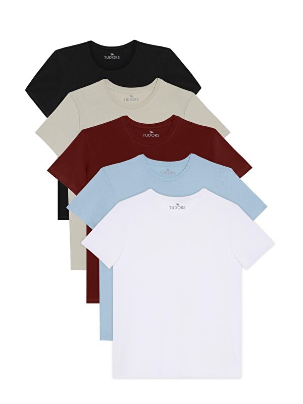 TUDORS Unisex 5Li Pkt Siyah-Beyaz-Bordo-Çağla-Açık Mavi Slim Fit Dar Kesim %100 Pamuk Bisiklet Yaka Tişört