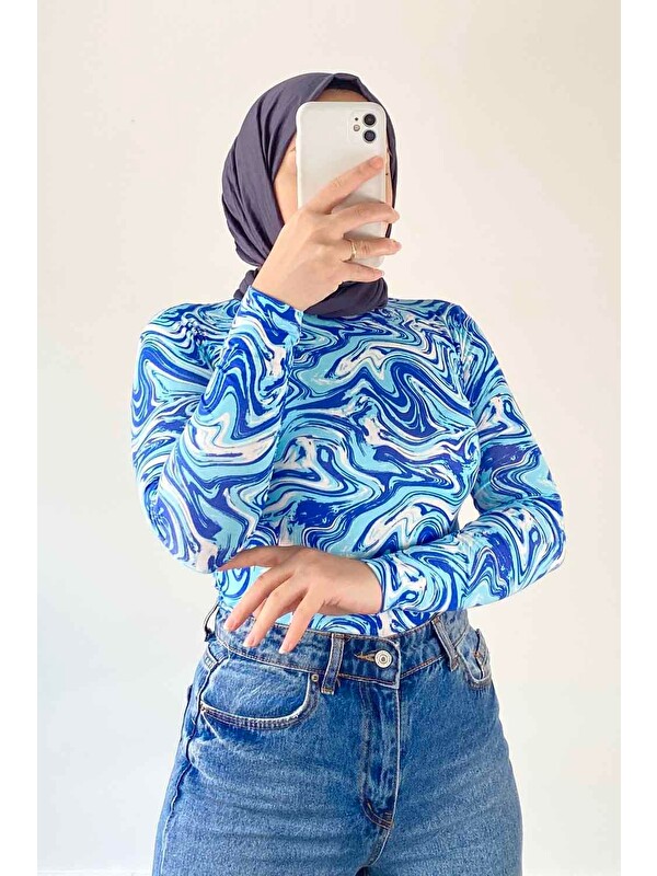 Lamelif Bisiklet Yaka Ebru Desenli Body Mavi
