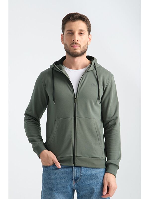 Shooter Sportswear Haki Erkek Üç İplik Şardonsuz Fermuarlı Kapüşonlu Sweatshirt