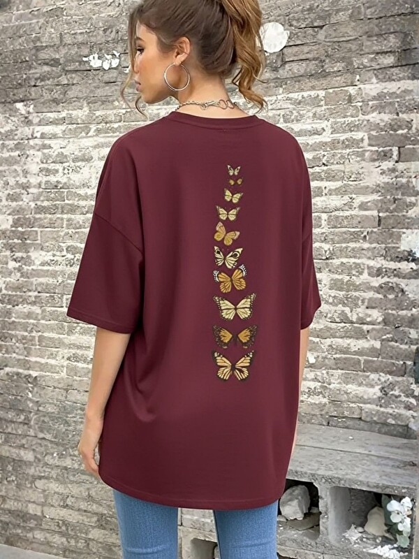 Trendseninle Kadın Bordo Dikey Kelebekler Baskılı Oversize Tişört