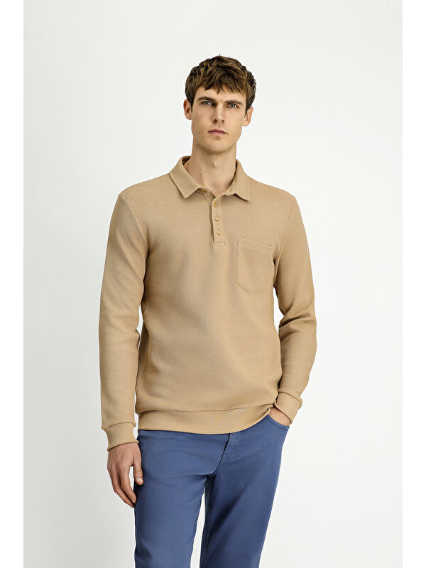 Kiğılı Polo Yaka Regular Fit Desenli Cepli Pamuk Sweatshirt