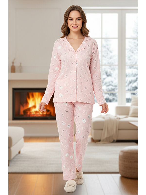 Remsa Kadın Ayıcık Desen Önü Düğmeli Suprem Pijama Takımı 0540 Pembe10