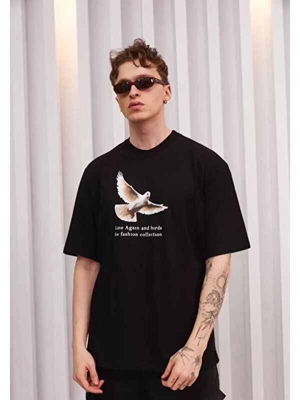 Jane's Unisex Bisiklet Yaka Baskılı Oversize T-Shirt - Siyah