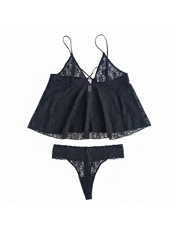 Bonbon Kadın Çapraz Askı Detaylı Siyah Renk  Dantel Baybdoll String 2 Li Set Bb2054