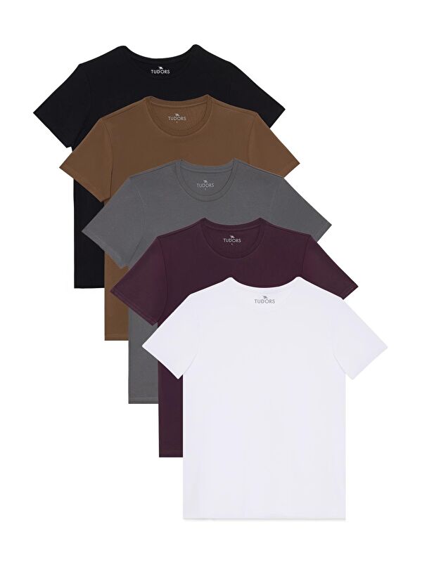 TUDORS Unisex 5'Li Paket Beyaz-Mor-Gri-Kahverengi-Siyah Slim Fit Dar Kesim %100 Pamuk Bisiklet Yaka Tişört